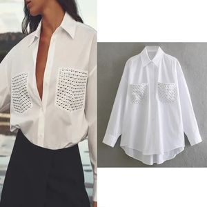 Robes décontractées de base TRAF chemise blanche femmes 2023 mode revers clouté poche bouton chemisier automne élégant femmes chemises surdimensionnées haut à manches longues 231213