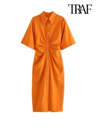 Basic Casual Dresses Traf Women Chic Mode Button Up Draped Midi Shirt Dress Vintage Side Side Side Zipper Vrouwelijke jurken Vestidos 230705