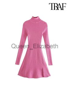 Basic Casual Jurken TRAF Vrouwen Chic Mode Split Vooraan Getailleerde Gebreide Mini-jurk Vintage Hoge Hals Lange Mouwen Vrouwelijke Jurken Vestidos Mujer J231108