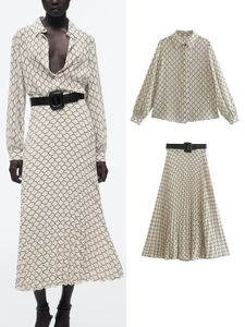 Robes décontractées de base TRAF femmes mode d'été jupes géométriques ensembles avec ceinture 2023 femme élégante chemises à boutonnage simple mi-mollet une ligne kirts 230630