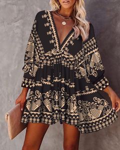 Robes décontractées basiques Tribal Print Dress V Neck Summer Spring Sexy Loose Long Lantern Sleeve Swing Party Soirée Taille Haute Mini 230706