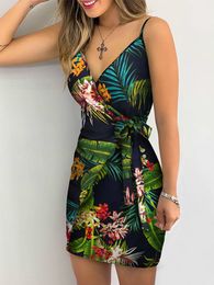 Basis Casual jurken Tropische print Vneck wrap jurk vrouwen mouwloze zomervakantie mini 230519