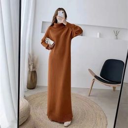 Vestidos informales básicos de cuello alto para mujer, vestido largo tejido, suéter súper grande, línea coreana elegante, sólido y grueso, 231122