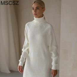 Vestidos informales básicos Cuello alto Mini vestido de punto Acanalado Corto Otoño Invierno Dresse Manga larga Suéter de gran tamaño Jersey 231116