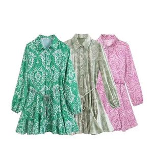 Robes décontractées de base Robe en deux pièces mini robe de chemise rétro lanterne à manches longues à manches longues imprimées grandes ourlet en dentelle plissée Dressl2405