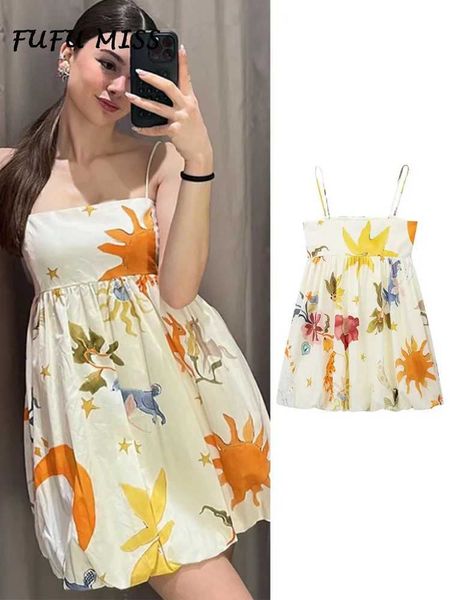 Robes décontractées de base Robe en deux pièces Soleil imprimé en mousseline plissée robe femme sans manches arrière sans taille haute jupe courte 2024