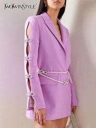 Robes décontractées de base Deuxtwinstyle coréen Mini robe pour les femmes crantée creux à manches longues Patchwork diamant nœud ceinture robes solides femme 2023 231129
