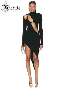Basic casual jurken VC damesjurk 2023 herfst/winter lange mouwen sexy holle design mode onregelmatige zwart verband body tank top Q240430