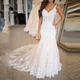 Basic Casual Dresses Vestido de novia Elegante vintage trouwjurken Lange trein kanten Applique Mermaid Bridal Ghowns DP V Neck TuLle Speciale jurken T240510