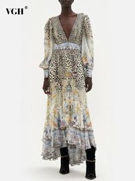 Robes décontractées de base VGH Vintage robes léopard femme col en V profond à manches longues taille haute épissé volants ourlet robe mince pour les femmes vêtements été 231031