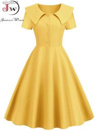 Basic Casual Jurken Vintage Jaren '50 Dames Effen Geplooide Jurk Elegante Peter Pan Kraag Dames Zomer Hoge Taille Rockabilly Pinup Party Midi SundressL2403