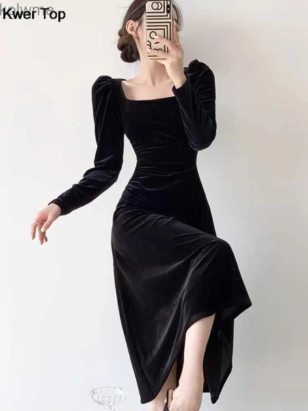 Robes décontractées de base Vintage noir velours robe de soirée femmes col carré taille mince manches longues robes printemps été coréen une pièce vêtements YQ240201