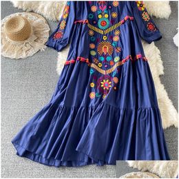 Basic Casual Dresses Vintage Chic Women Floral Embroidery Beach Boheemian Mini Dress Ladies Short Sleeve V-hals katoen en linnen Boho V Dhjwm