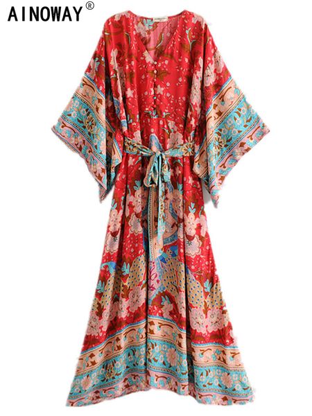 Robes décontractées basiques Vintage chic femmes rouge imprimé floral manches chauve-souris plage robes bohèmes Kimono dames col en V ceintures Boho maxi robe vestidos 230717