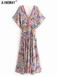 Basic Casual Jurken Vintage chique dames pauw bloemenprint vleermuis mouw strand bohemian Maksi jurk dames V-hals kwastje zomer bohemian jurk 230728