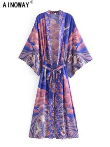 Vestidos casuales básicos Vintage chic mujer estrella y luna flor estampado manga murciélago playa bohemio kimono vestido verano mujer bohemio bikini top 230617