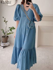 Basis Casual jurken Vintage denim blauw vrouwen shirt ruches jurk zanzea zomer mode korte mouw maxi robe oversized casual v neck a line sundress 230518