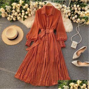 Basic Casual Dresses Vintage Jurk Franse lange mouw Chiffon geplooide rok Dames gewaad Elegant Orange Dot Summer Drop Delivery App Dh05D