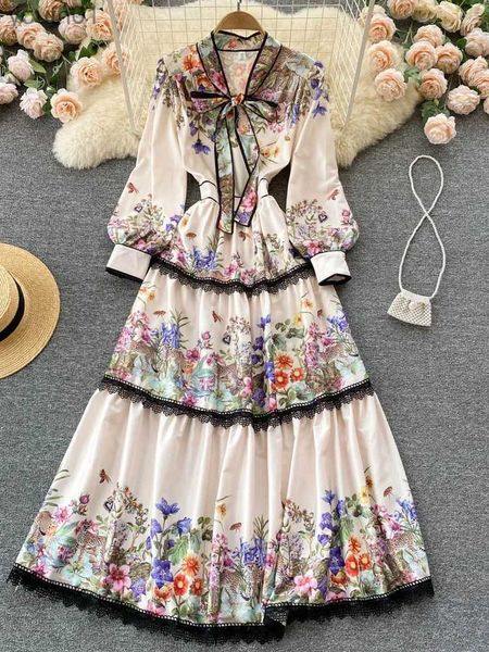 Vestidos casuales básicos Vintage elegante vestido largo mujeres delgado floral impreso fiesta corbata arco cintura elástica linterna manga bata Vestidos yq240402