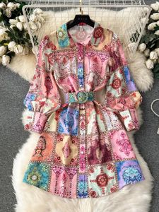 Robes décontractées de base Vintage imprimé floral lin femmes robes 2024 été stand lanterne manches simple boutonnage ceinture a-ligne mini robes femme