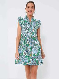 Basic Casual Jurken Vintage Groene Bloemen Jurken Vrouwen V-hals Jurken Ruches Mini Jurk VestidosC24315