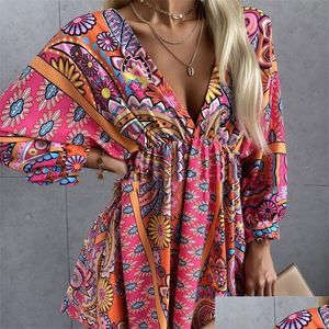 Basic Casual Dresses Vintage Punk Boho Floral Bandage Dress Women Y V-Neck Batwing Sleeve Mini Fashion Summer Party Lady Beach 2205 DHT40