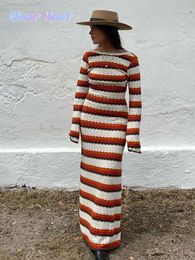Basic Casual Dresses Vintage Striped Backless Women Knitted Dresses Fashion O Neck Flare Long Sleeve Maxi Dress Female High Street Casual Robes 230815