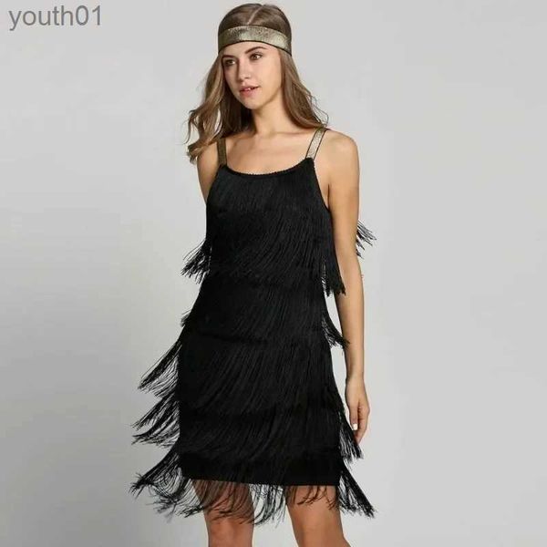 Robes décontractées de base Robes vintage des années 1920 Flapper Girl Fancy Dress Great Gatsby Comes Slash Neck Strappy Fringe Swing Party Femmes yq240402