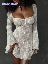 Basic Casual Jurken Vintage Witte Kanten Mini-jurk Voor Dames Elegant Uitlopende Lange Mouwen A-lijn Herfst Gala Feestavond Korte Jurk 231109