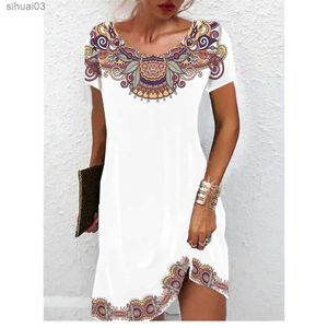 Basic Casual Jurken Vintage Damesjurken Zomer Etnische Stijl Korte Mouw Tops Mode Losse A-lijn Rok Elegante Casual Dame Vakantie JurkenL2403