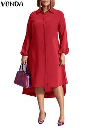 Robes décontractées de base VONDA élégant asymétrique chemise robe 2024 femmes décontracté couleur unie longue lanterne Sle revers Midi robe d'été en vrac RobeC24315