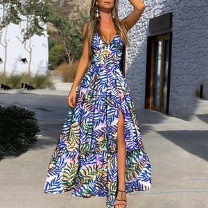 Basic casual jurken 2024 zomer damesjurk v-hals halter print blad strand resort spleet maxi jurk t240408