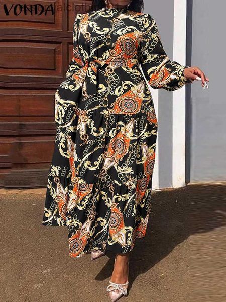 VONDA grande taille 5XL femmes Maxi Robe Vintage imprimé bohème à manches longues fête Robe d'été ceinturée décontracté balançoire Robe Femme L230918