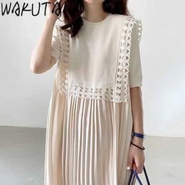 Vestidos casuales básicos Wakuta French New Womens Vintage Falda suelta 2024 Summer Hollow Doble Dresden Fashion Korean Womens Clothing C240411