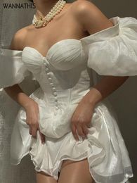 Basic casual jurken wannathis mesh corset mini a line skims wit off schouder zomer sexy vouwen puff mouw vrouwen elegante avondvestidos 230522