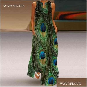 Vestidos casuales básicos Wayoflove Plus Size Peacock Feather Green Dress Girl Long Es Verano Mujer Sin mangas Beach Maxi para mujeres 210 Dhmn4