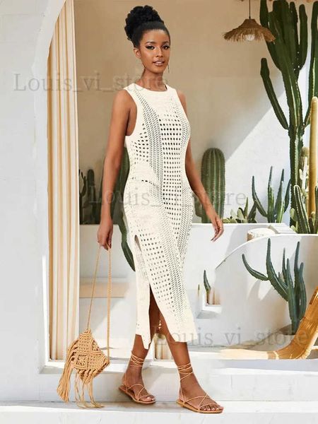 Vestidos informales básicos Malla de crochet blanca Sin mangas Vestido de playa envolvente con abertura 2024 Mujer de verano Sexy Hollow Out Ropa de playa de punto Maxi vestidos Q1513 T240227