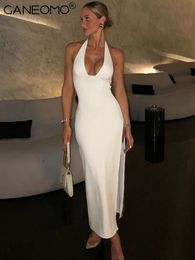 Basis Casual jurken Witte halter Backless bodycon spleet prom maxi jurk vrouwen zomer elegante verjaardagsfeestje avondavond dames strakke lange jurken 230519