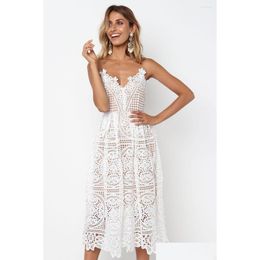 Robes décontractées de base Robe en dentelle blanche Off Shoder Femmes Été Robe Verano Une ligne Sukienka Letnia V Cou Y Party Midi Drop Livraison Dh2Dz