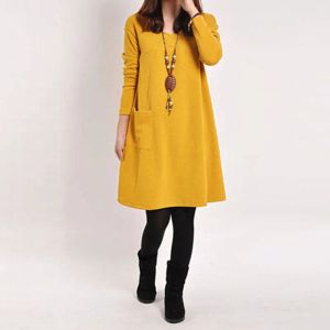 Robes décontractées de base Vente en gros-2016 Nouveau Automne Hiver Femmes élégantes Casual Robe à manches longues avec poche Solide O Cou Robes Lâches Robes Plus Taille S-xxl 5 Couleur