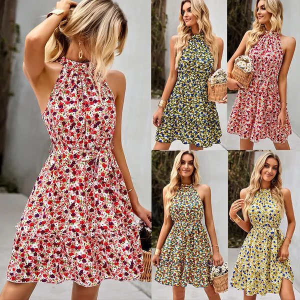 Vestidos casuales básicos Wildpinky Mujeres Imprimir Mini Vestido Verano Boho Floral Sin mangas Halter Mujer Tie Up Ruffle Beach Party 230619