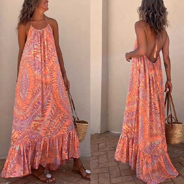 Vestidos casuales básicos Wildpinky Mujeres Vestido de verano Halter Estampado floral Boho Long Holiday Borlas sin respaldo Playa Aline Sundress 230619