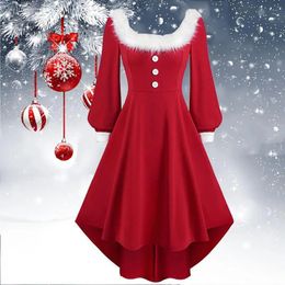 Vestidos casuales básicos Invierno Mujer Vestido de Navidad Elegante Puff Manga larga Cuello de piel sintética Midi Fiesta Traje Navidad Año Festival Robe 231212