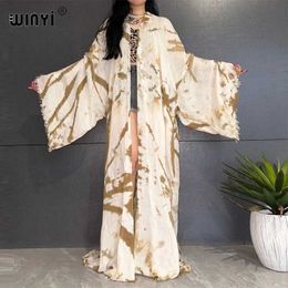 Robes décontractées de base WINYI nouveau bohème cravate colorant imprimé robe élégante africain Cardigan pull femmes été maillot de plage couverture Kimono J240222