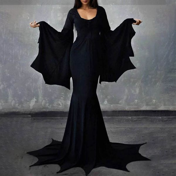 Robes décontractées de base Costume de sorcière Morticia Addams Robe de plancher de train du mercredi Femmes Halloween Sorcière Tenue sombre Robe gothique Robe Horreur pour adulte 230904
