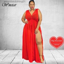 Basic Casual Jurken Wmstar Plus Size Jurken voor Dames Mesh Sexy See Through Mouwloze Maxi-jurk Hot Sale Club Outfits Groothandel Dropshipping L230918