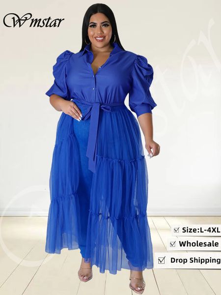 Vestidos casuales básicos Wmstar Vestidos de talla grande Sexy Mesh Patchwork Puff Sleeve Club Outfit Elegante vendaje Vestido largo maxi Gota al por mayor 230717