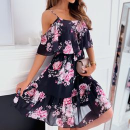 Eenvoudige casual jurken Damesjurk met bloemenprint Zomermode Spaghettibandjes Off-shoulder Mouwloze jurken Vakantie A-lijn Netstof Vestidos 230531