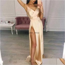 Robes décontractées de base Nuit de fête de femme 2022 Robe en satin en or Long Maxi Elegant V Neck Ladies Slit Slit Corean Fashion Drop délivre DH4FV