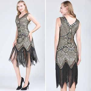 Basic Casual Dresses Women 1920s Vintage Great Gatsby Dress Double Vneck Mouwess Beaded Peary Tassel Art Deco Flapper For Party 231123